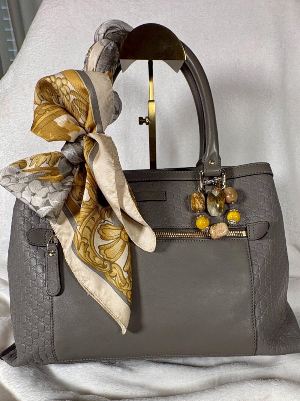 Gucci Soft Grey Microguccissima Medium Tote with Scarf and Charm